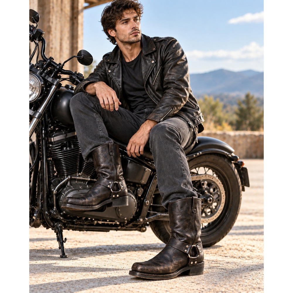 Dingo Harness Boots 9.5 EW Black Leather Square Toe Biker Motorcycle Moto